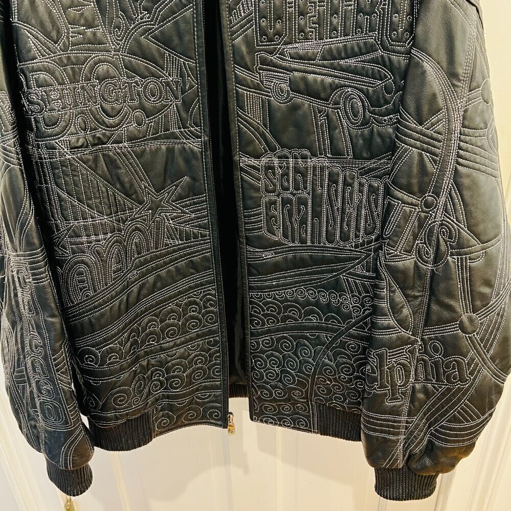 Vintage Max Usa America Cities Embroided Leather Jacket 2xl Hip Hop Rare Y2k — image 4 of 8